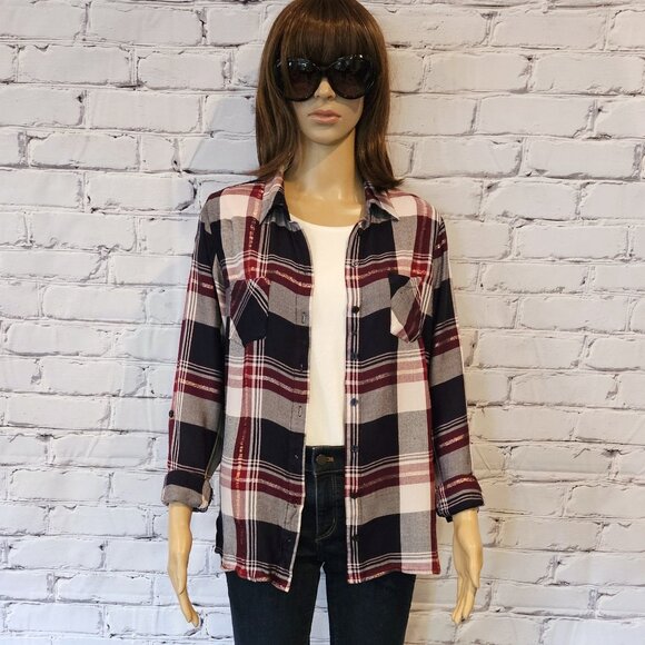 CLEO, Plaid navy/burgundy button down top with slight metallic thread detailing - Picture 4 of 8